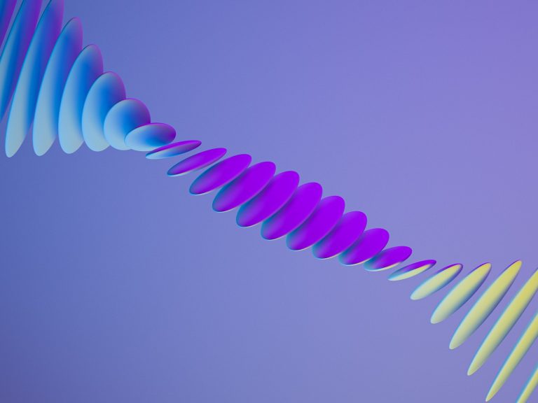 Transformation ohne Bewegung Abstrakte Wellenform in Blau, Lila und Gelb auf lila Hintergrund.
